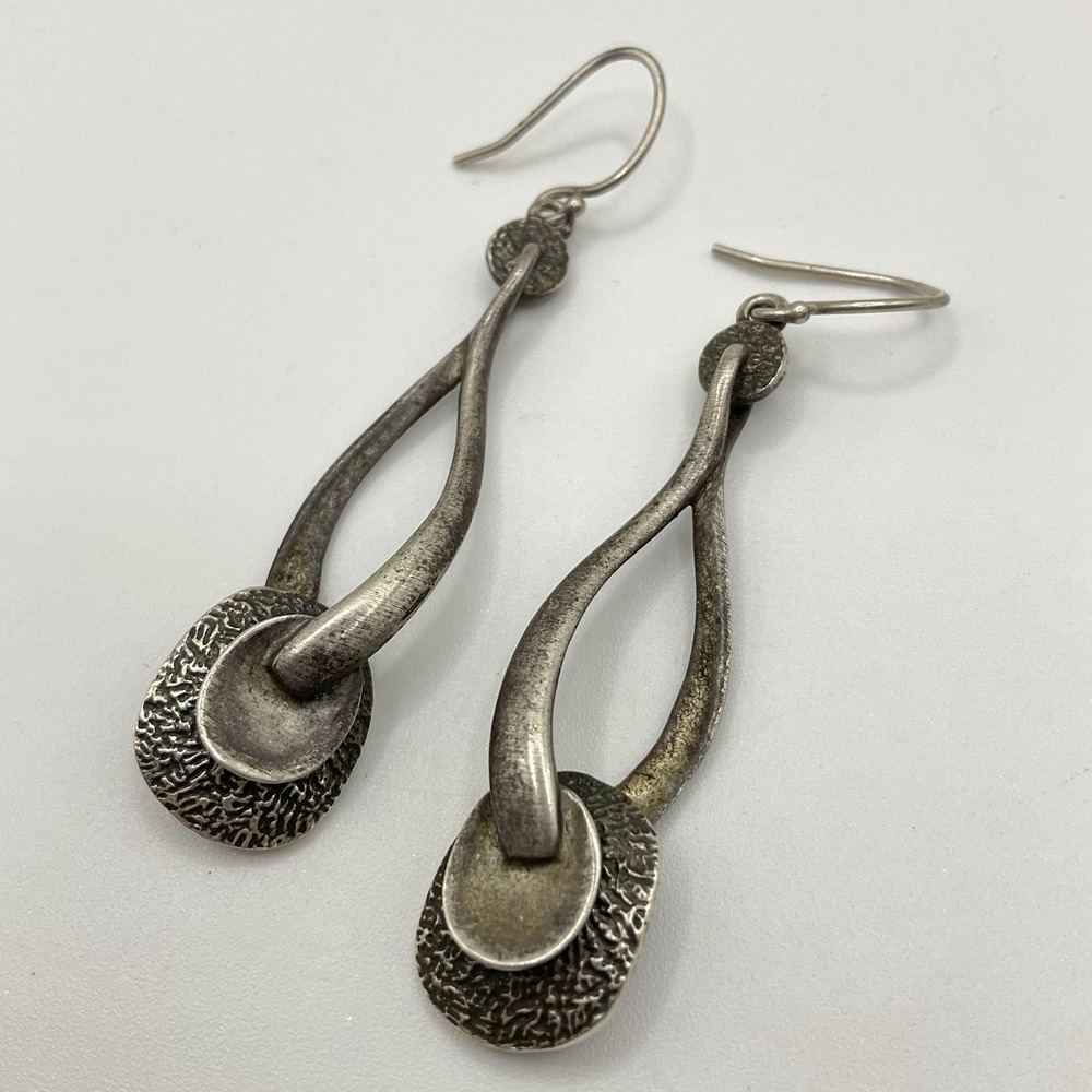 Silpada Earrings Satin Matte Twist Dangle Oxidized Disc W1981 Retired 2.5" 925